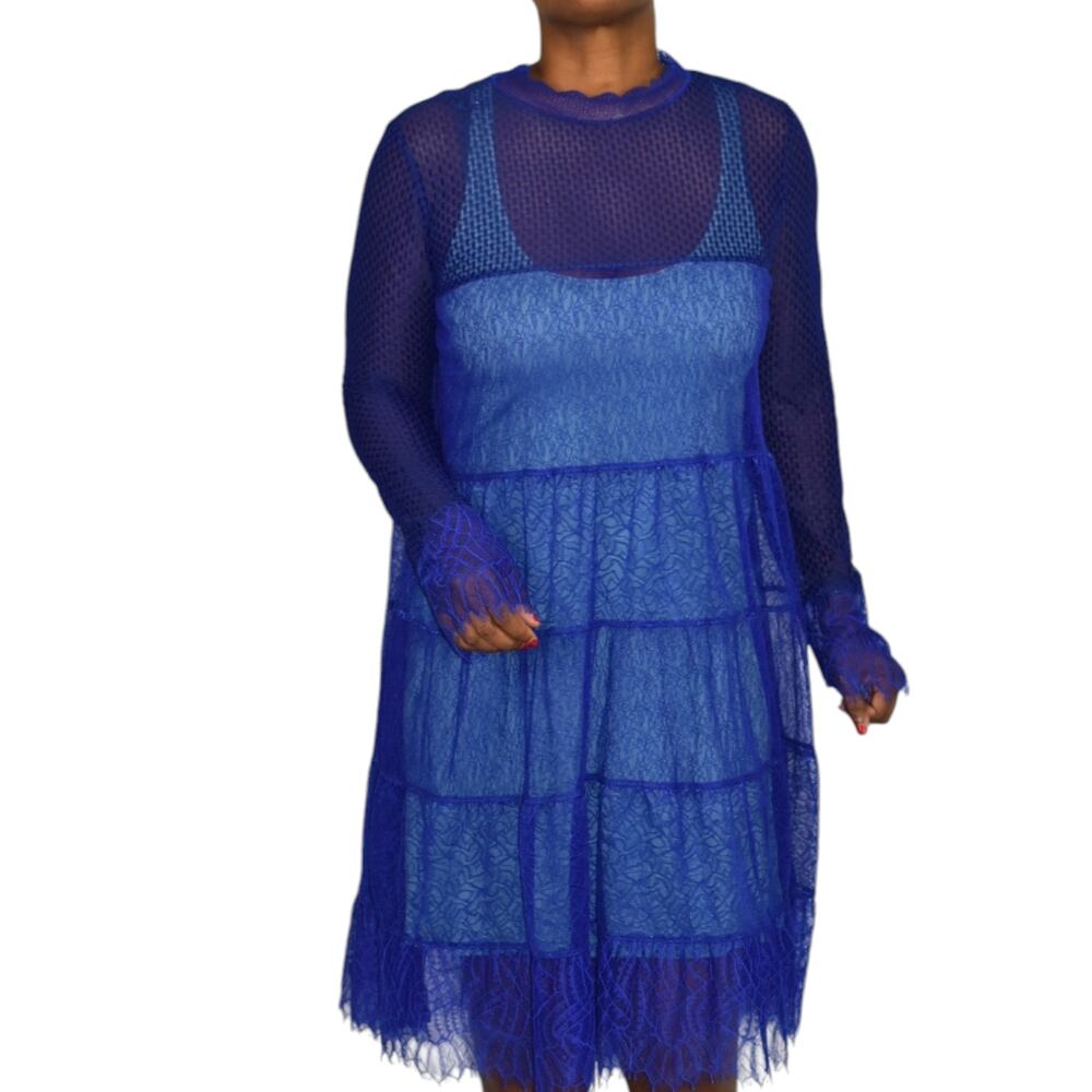 Allsaints Briella Sheer Lace Dress Blue Cobalt Long Sleeves Loose Tiered Size 8